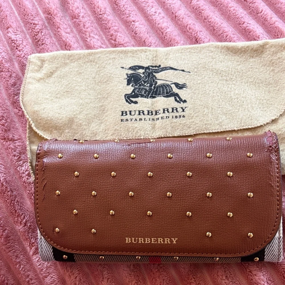 Burberry Brown Leather Studded Continental Wallet with Nova Check Trim